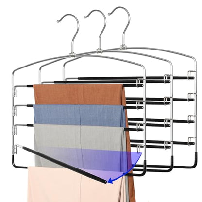 TOPIA HANGER Pant Hangers Space Saving 3 Pack Yoga Pants Leggings Hangers for Closet Non Slip 5 Tier Swing Arm Hanger Organizer for Pants Yoga Pants Leggings Trouser Jeans Slack - CT49B