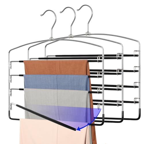 TOPIA HANGER Pant Hangers Space Saving 3 Pack Yoga Pants Leggings Hangers for Closet Non Slip 5 Tier Swing Arm Hanger Organizer for Pants Yoga Pants Leggings Trouser Jeans Slack - CT49B