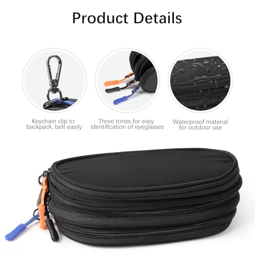 Eyeglasses Case for 3 Pairs, Multi Sunglasses Travel Organizer Pouch with Keychain Clip Zipper Closure for Men Women