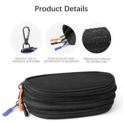 Eyeglasses Case for 3 Pairs, Multi Sunglasses Travel Organizer Pouch with Keychain Clip Zipper Closure for Men Women