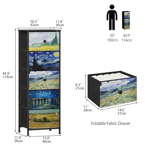 Dresser with 5 Drawers Narrow Tall Nightstand Van Gogh Dresser for Bedroom Fabric Drawer Organizer Unit for Living Room Entryway Hallway Closet Sturdy Steel Frame Wooden Top
