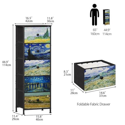 Dresser with 5 Drawers Narrow Tall Nightstand Van Gogh Dresser for Bedroom Fabric Drawer Organizer Unit for Living Room Entryway Hallway Closet Sturdy Steel Frame Wooden Top