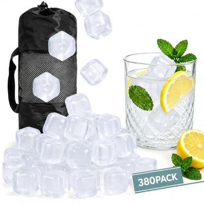 380 Pack Reusable Ice Cubes for Drinks, Transparent Square | BPA-Free Plastic, Refreezable and Washable, No Dilution, for Whiskey, Coffee, Coolers, Parties and Camping