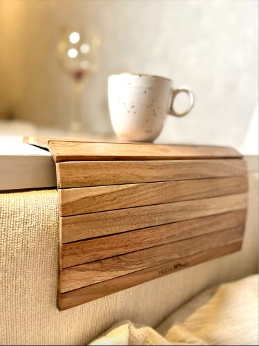 Vesta Homes Sofa Armrest Tray |Premium Acacia Wood | Flexible and Foldable Sofa Tray, Couch Arm Table and Armrest |Suitable for Food/Drinks/Snacks/Cup Coaster | 17 * 11 Inches | Handcrafted in India