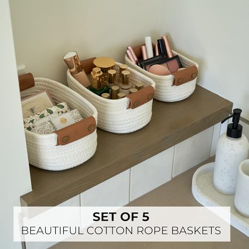 Beautiful Storage Basket Set of 5 - Sturdy Cotton Rope Baskets for Shelves | Perfect for Organizing Your Home - Quality Storage Bins Easily Fit with Any Nursery or Bedroom Decor
