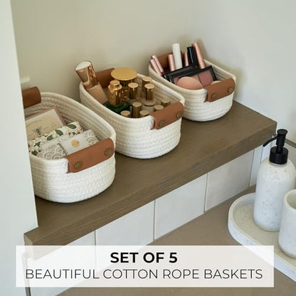 Beautiful Storage Basket Set of 5 - Sturdy Cotton Rope Baskets for Shelves | Perfect for Organizing Your Home - Quality Storage Bins Easily Fit with Any Nursery or Bedroom Decor