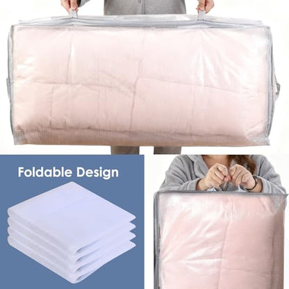 Under Bed Storage Containers 4 Pack 90L Mesh Clear for Blankets Clothes | Waterproof Clear Mesh Fabric, Sturdy Handles, Zippered Closure, for Blankets Clothing Sweaters Pillows Linens and Sheets