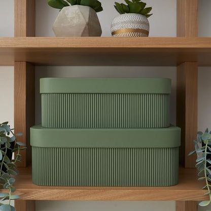 ZICOTO Decorative Storage Boxes with Lids - Set of 2 Beautiful Fluted Photo Organizer Bins for Your Home Bookshelf Decor to Safely Store Your Documents, Memory Box Items and Other Keepsakes in Style
