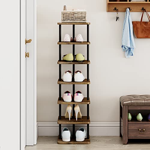 Shoe Rack Storage Vertical Narrow Shoe Organizer Shelf 7 Tier | Metal Slim Shelf,Modern Minimalist Free Standing Shoe Tower, Saving Space for Closet,Entryway,Bedroom,Black+Rustic Brown
