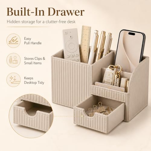 Luxury PU Leather Desk Organizer with Drawer, Modern Aesthetic Office Desk Accessories for Men & Women, Multi-Compartment Pen Holder & Desktop Storage Organizer for Home Office