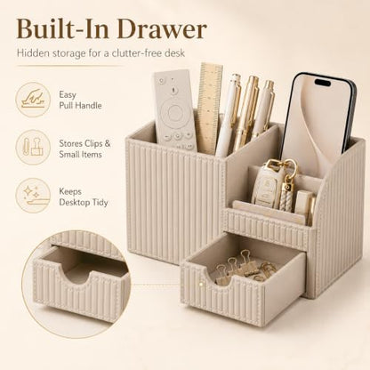 Luxury PU Leather Desk Organizer with Drawer, Modern Aesthetic Office Desk Accessories for Men & Women, Multi-Compartment Pen Holder & Desktop Storage Organizer for Home Office