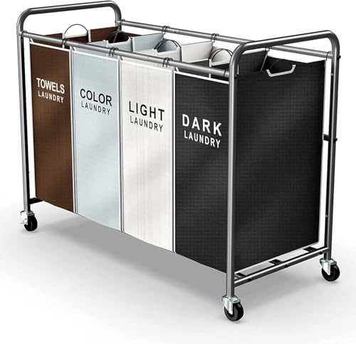 ROMOON Laundry Hamper Sorter Cart, 4-Section Organizer with Lockable Wheels | Heavy-Duty 180L Rolling Laundry Basket with Removable Bags for Dirty Clothes in Laundry Room or Small Spaces, Multicolor