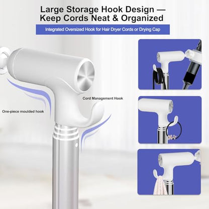 Heavy Duty Hair Dryer Stand, 360° Rotating, Adjustable Height | Hands Free Hair Dryer Stand, Stepless 17.2"–51" Height, 360° Rotating, TPU Clip, Weighted Base for Salon & Home Use(White)