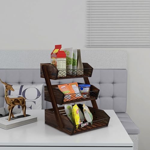 Dorhors Fruit Basket for Kitchen Counter Organizer,Fruit Bowl Stand Storage | 3 tier Rustic Brown Vegetable Holder,Wood Bread Display Rack,Kitchen Countertop Organizer Shelf for Snack,Onion,Banana,Potato