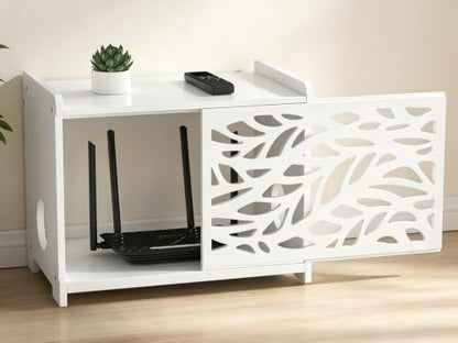 Router Box Hider & Projector Shelf -Decorative WiFi Router Storage Cabinet | Ventilation Cable Management Box Modem & Power Strip Hider Rack Leaf Pattern Cutout, Fits Routers Up to 9.84" Tall (White）