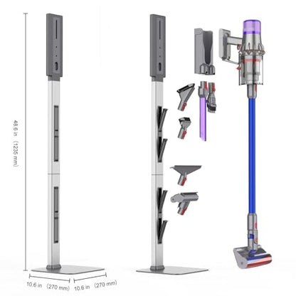 Vacuum Stand for Dyson V15 V12 V11 V10 V8 V7 V6 G5 with Accessory Storage High-strength aluminum alloy columnwith Foldable Storage Hooks and Heavy-Duty Carbon Steel Base, No Drill Installation