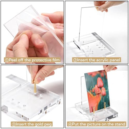 Acrylic Easel Display Stand | Heavy-duty Picture Frame Holder with Adjustable Gold Peg, Clear Decorative Plate Rack Menu Holder for Art, Restaurant, Photo