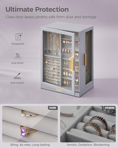 Glimmloop 360° Rotating Jewelry Box with 7 Drawers, Spacious Vertical Jewelry Organizer with Glass Window, Jewelry Storage Case, Dustproof & Moisture-resistant Design, Grey