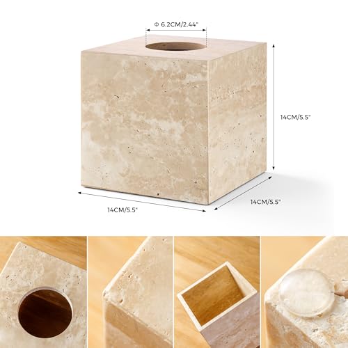 Natural Travertine Marble Tissue Box Holder Cover, Square Cube Tissue Box Holder with Open Bottom for Bathroom Vanity Tops, Bedroom Dressers, Kitchen Countertop, Travertine Beige(NS022)