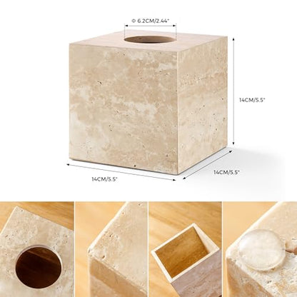 Natural Travertine Marble Tissue Box Holder Cover, Square Cube Tissue Box Holder with Open Bottom for Bathroom Vanity Tops, Bedroom Dressers, Kitchen Countertop, Travertine Beige(NS022)
