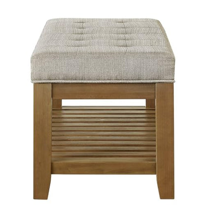 24KF Large Rectangular Upholstered Tufted Linen Fabric Ottoman Bench, Padded Bench with Solid Wood Shelf-Linen