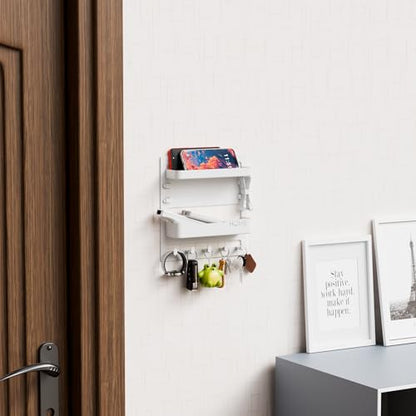 Bedside Wall Organizer for Dorm Bed,Rv,Small Room and Nightstand,Wall Mounted Floating Shelves and Bedside Shelf for Remote,Phone Holder,Charging Shelf,Cute Bedroom Decor for College Girl,White