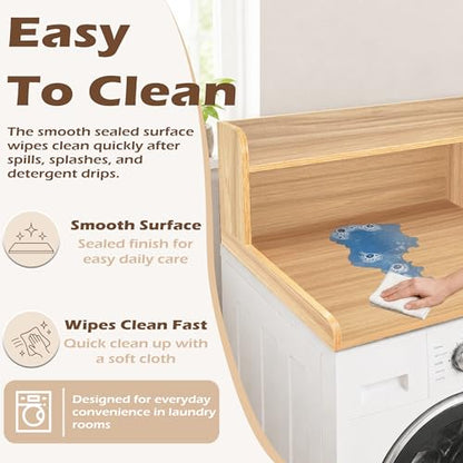 Royxen Laundry Countertop with 2-Tier Shelf Universal Fit, Washer and Dryer Countertop with Storage Space, Shelf Height 11.5 Inches, Solid Wood Core, Oak