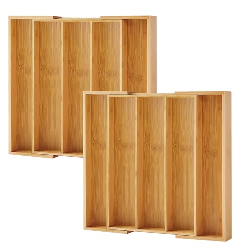 Purawood Kitchen Drawer Organizer, 2 Pack - Expandable Utensil Drawer Organizer for Kitchen, Cutlery Tray & Silverware Organizer, 3-5 Slots - Bamboo Organizer for Utensils & Flatware (Natural)