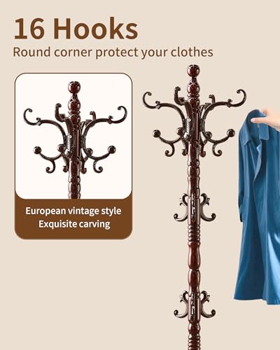 Wooden Coat Rack Stand, Solid Wood Freestanding Coat Rack, Vintage Coat Racks with 14 Hooks & Triangle Base, Standing Coat Hanger Jacket Tree Stand for Office, Entryway, Hallway