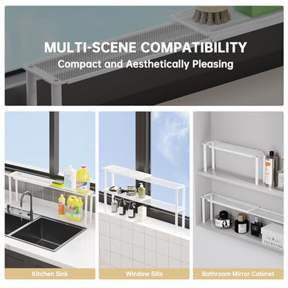 Expandable Window Shelf for Plants Kitchen Sink Organizer,White | 2 Pack, Stackable, Narrow Shelves, Kitchen Countertop Holder, Mesh Design, Slim Design, Load Capacity: 22 lbs, Elegant look