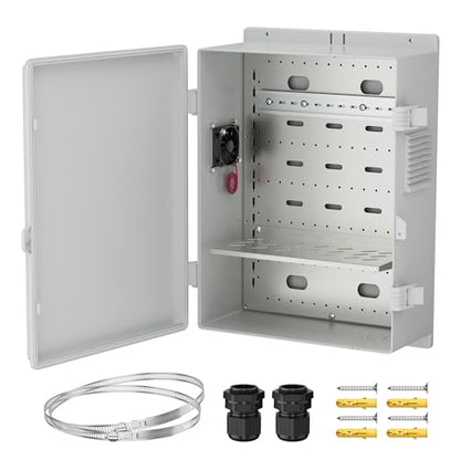 Joinfworld Vented Outdoor Enclosure Box 18.1x12.6x6.4 White | ABS Weatherproof WiFi Enclosure with 12V Fan, DIN Rail, Dustproof Design & Wall/Pole Mounting