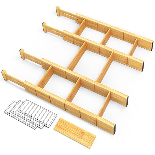 Bamboo Drawer Dividers with Inserts and Labels, Ki... (4 Count | NATURAL | Rubber)