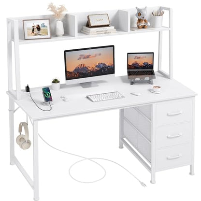 DLisiting White Computer Desk with Hutch & Drawers - 47 Inch Modern Study Writing Office Desk with 3 Storage Drawers and Power Outlets for Bedroom Home Office