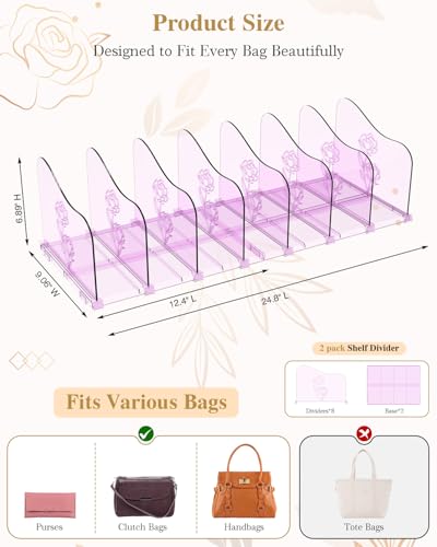 SURETIVIAN Rose Purse Dividers for Closet, 2 Pack Clear Clutch Purse Closet Organizers, Adjustable Handbag Storage Organizers, Plastic Bookshelf Separator Dividers for Bedroom Office
