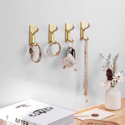 Adhesive Wall Hooks for Towel/Coat,13Lb Strong Stick-On Hooks, Gold 4 Pack | Hooks for Walls No Damage, Hooks Hanging Heavy Duty, Peel and Stick Hooks for Closet, Door, Bathroom, for Purse, Bag, Cloth