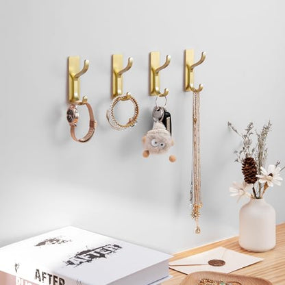 Adhesive Wall Hooks for Towel/Coat,13Lb Strong Stick-On Hooks, Gold 4 Pack | Hooks for Walls No Damage, Hooks Hanging Heavy Duty, Peel and Stick Hooks for Closet, Door, Bathroom, for Purse, Bag, Cloth