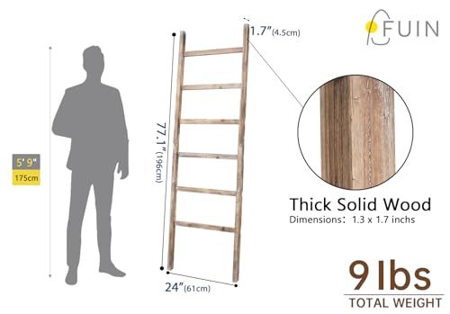 Blanket Ladder, 24in Wide Rustic Solid Wood Decor Rack, Burnt Brown | 6.4 ft high and 6 rungs, farmhouse quilt display holder, organize towel and scarf, leaning wall, bathroom and living room use