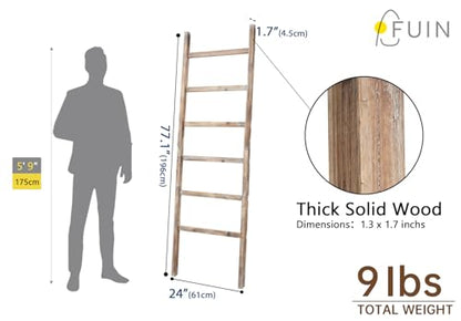 Blanket Ladder, 24in Wide Rustic Solid Wood Decor Rack, Burnt Brown | 6.4 ft high and 6 rungs, farmhouse quilt display holder, organize towel and scarf, leaning wall, bathroom and living room use