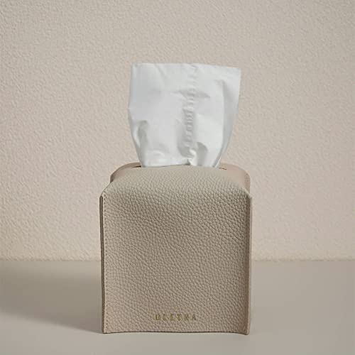 OLETHA Square Tissue Box Cover, Aesthetic Desk Decor, Light Taupe, 2 Pack | Faux leather tissue box holder for room, home, office; fits Kleenex & Puffs cube boxes; velcro base; easy swap; wipes clean