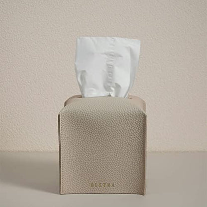 OLETHA Square Tissue Box Cover, Aesthetic Desk Decor, Light Taupe, 2 Pack | Faux leather tissue box holder for room, home, office; fits Kleenex & Puffs cube boxes; velcro base; easy swap; wipes clean