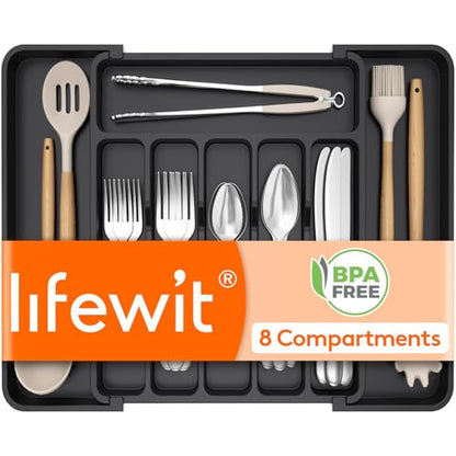 Expandable Silverware Drawer Organizer for Kitchen... (Black | Plastic)