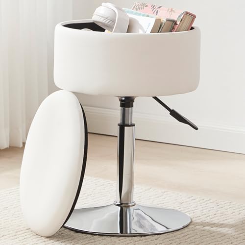Adjustable Vanity Stool with Storage Swivel Vanity... (White | Leather)