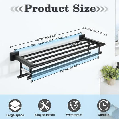 Alise Double Towel Rack for Bathroom Wall Mounted 24 Inch,Matte Black | Bathroom Tower Holder Towel Shelf with Double Towel Bars,SUS304 Stainless Steel Towel Rack with Shelf for Lavatory Kitchen