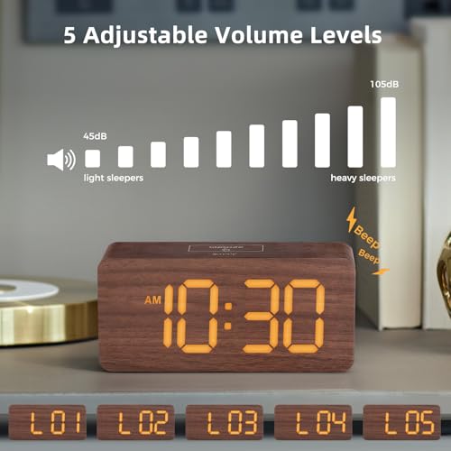 uscce Wooden Digital Alarm Clocks for Bedrooms with 0-100% Dimmable Display | Desk Clock with Large Numbers for Living Room - Loud Dual Alarm for Heavy Sleepers with Volume Control - Wood Decor & Gifts