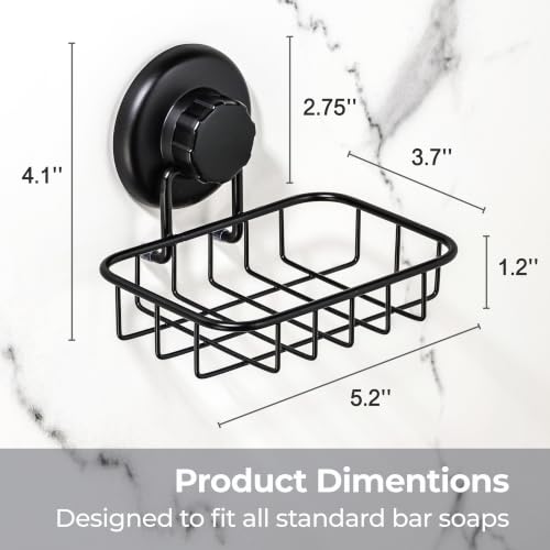 HASKO 2 Pack Suction Cup Soap Dish for Shower Wall, Rustproof Stainless Steel, Shower Soap Holder with Hooks, Includes Optional No Drill Adhesive Mount for Bathroom, 2 Soap Savers, Black