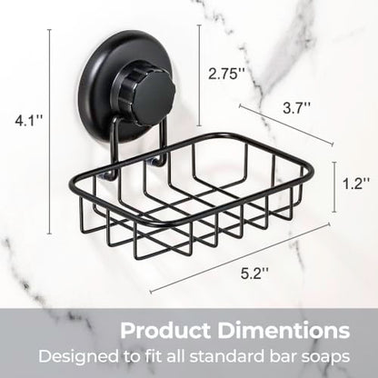 HASKO 2 Pack Suction Cup Soap Dish for Shower Wall, Rustproof Stainless Steel, Shower Soap Holder with Hooks, Includes Optional No Drill Adhesive Mount for Bathroom, 2 Soap Savers, Black
