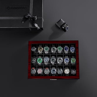 ANWBROAD 21 Slot Watch Cases for Men, Watch Box Organizer with Large Glass | Red Piano Finish, Lid Lockable Wooden Watch Display Case, Watch Organizer for Men Women Watch Holder, Watch Storage UJWB004Y