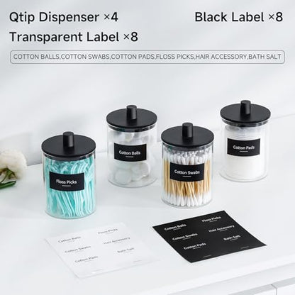 Glass Qtip Holder Dispenser - 10 oz Clear Canister Apothecary Jar, Bathroom Vanity Storage Organizer Set for Cotton Swabs, Pads, Floss Picks, Small Containers for Makeup Storage (4 Pack, Black)