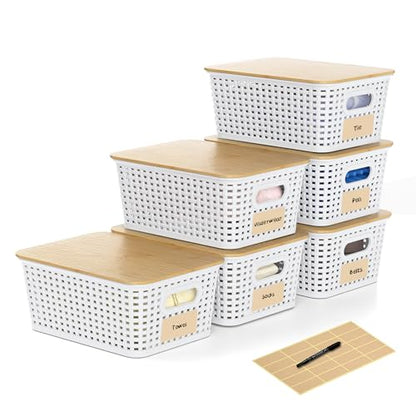 Plastic Storage Baskets with Bamboo Lids and Labels, Stackable Storage Containers, Storage Bins for Organizing Shelves Drawers Desktop Closets Office, 6 Packs-White