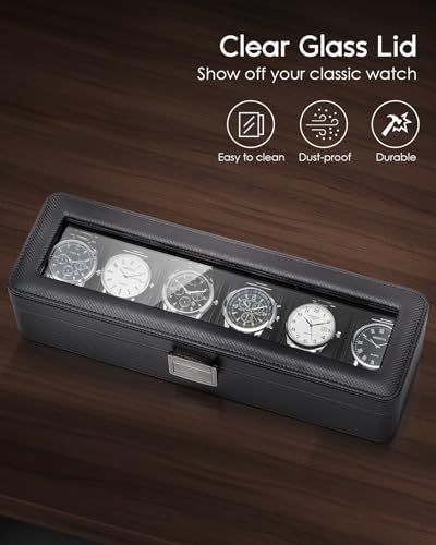 VLANDO Watch Case for Men,6-Slot Lockable Watch Box for Men with Glass Lid